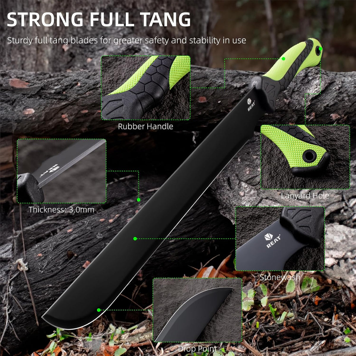 REAT Gardening Heavy Duty Machete,24" Full Tang Machete with Shaeth,Ergonomic No-Slip