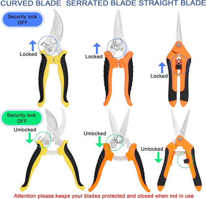 3-pack Garden Pruning Shears Set with Stainless Steel Blades, Bypass Pruners, Handheld Secateurs