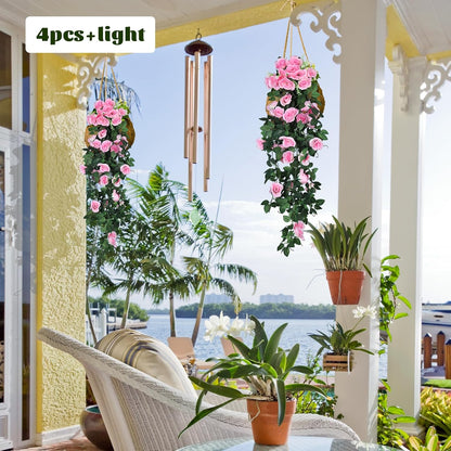 RECUTMS 4PCS Artificial Rose Vine Hanging Plants Fake Flower Outdoor Flowers UV Resistant for