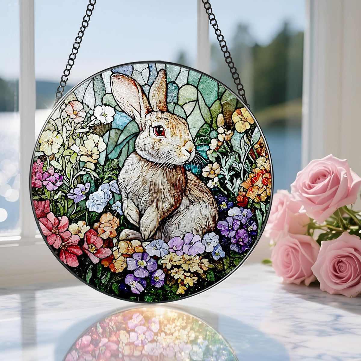 Stained Glass Window Hanging, 8 Inch Rabbit Sun Catcher, Bunny Stained Glass Suncatcher, Window