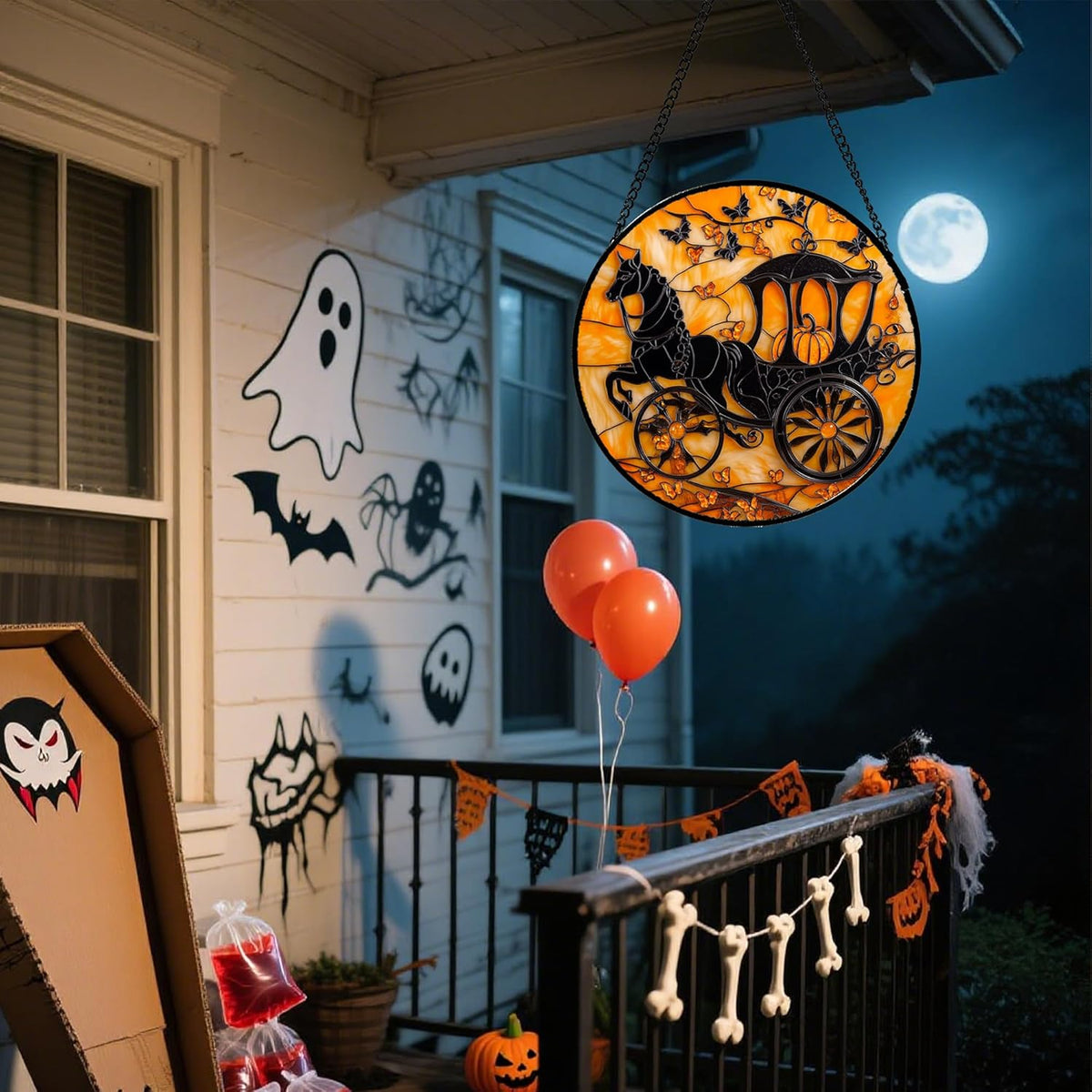 Stained Glass Window Hanging - Halloween Pumpkin Carriage Suncatcher for Doors Window Garden Indoor