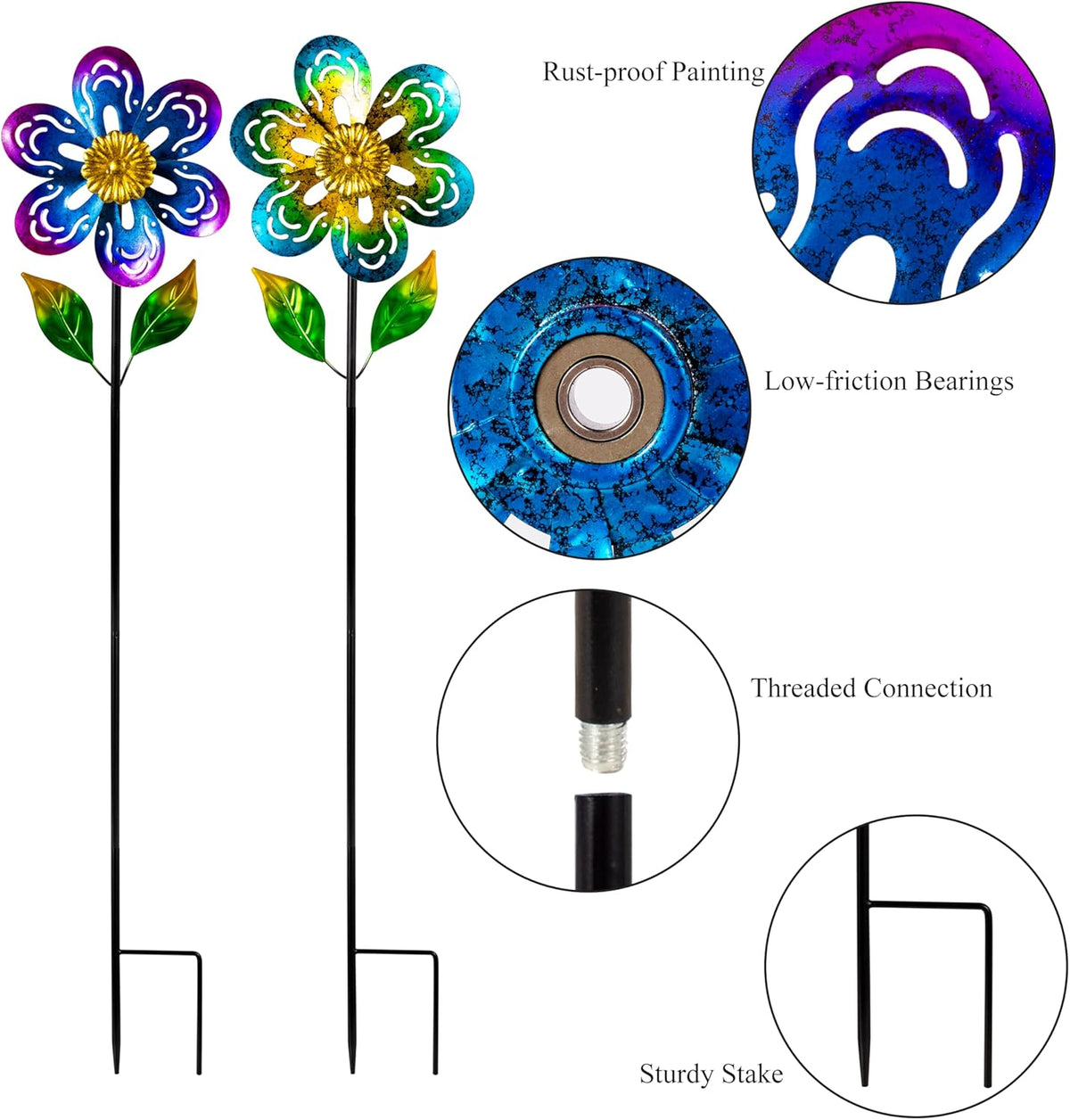 Viveta 2 Pack Wind Spinners,Flower Garden Sculpture, Metal Windmill, Green and Purple Pinwheels for