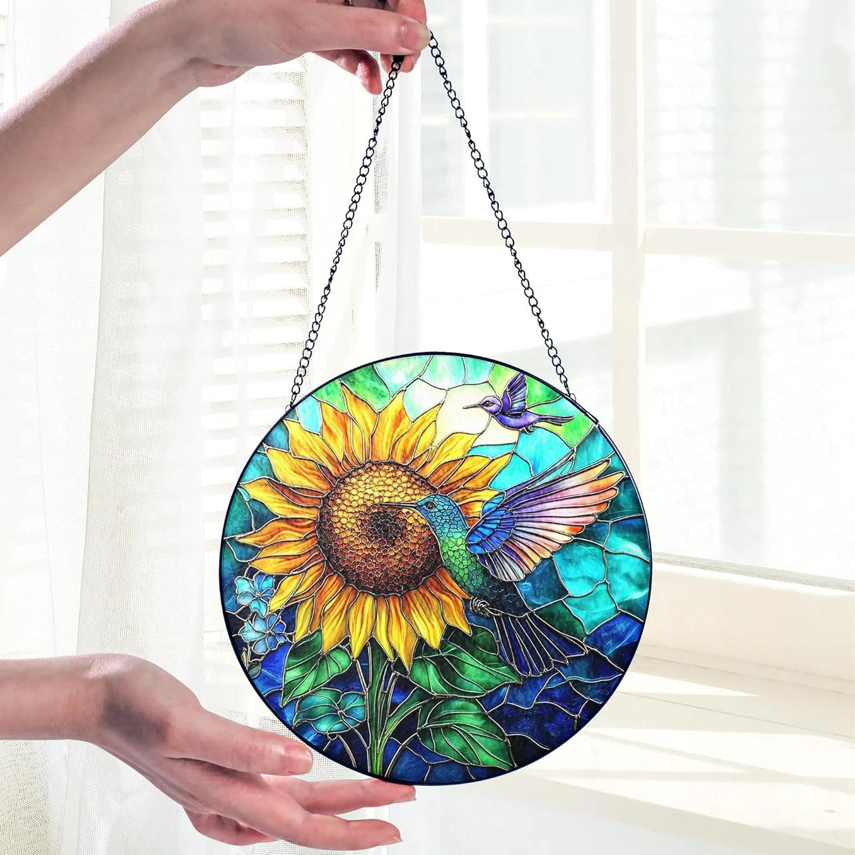 Hummingbird Stained Glass Suncatcher – Sunflower Window Decor, Memorial Hanging Ornament, Bird