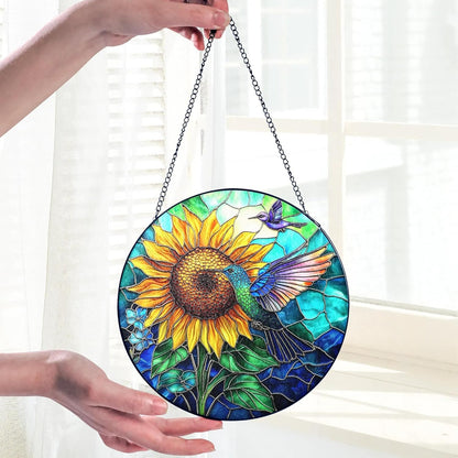 Hummingbird Stained Glass Suncatcher – Sunflower Window Decor, Memorial Hanging Ornament, Bird