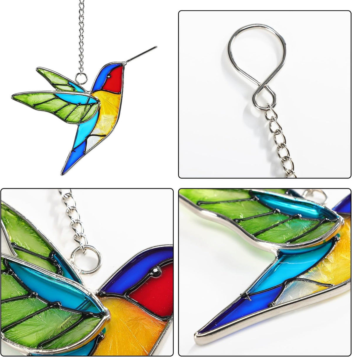 Handmade Stained Glass Hummingbird Hanging Ornament - Colorful 4.3x4.9 Inch Window/Garden Decor for