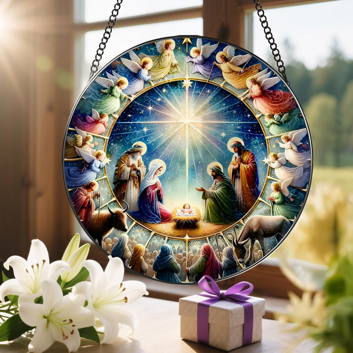 Stained Glass Window Hanging, LAOWEIKI 8'' Nativity Scene Suncatcher, Stained Glass Ornament