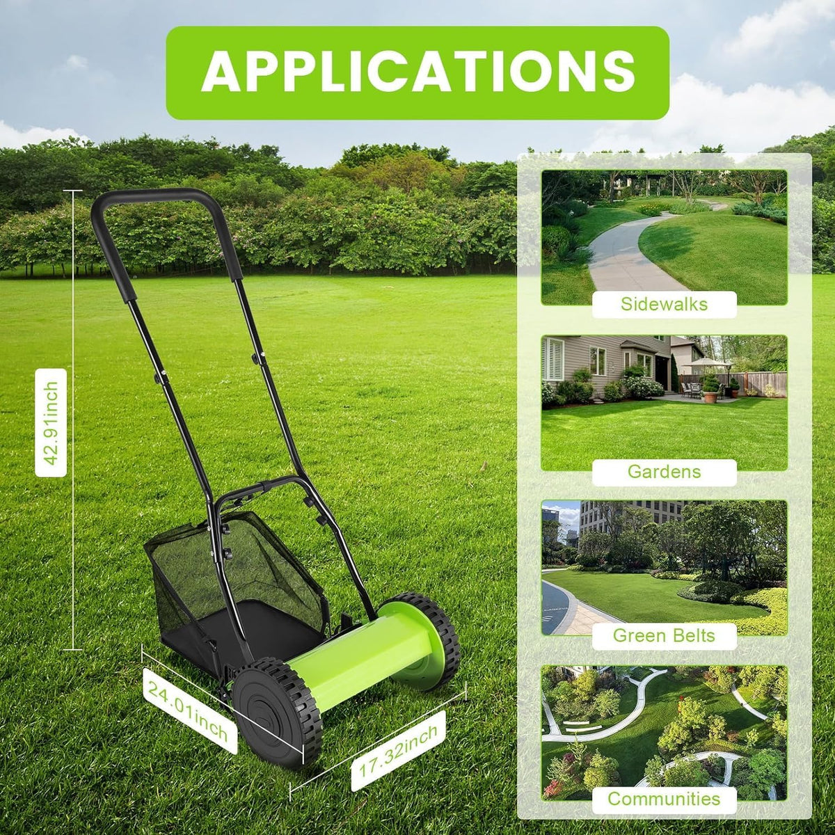 12 Inch Manual Push Reel Lawn Mower with Adjustable Mowing Height, 5 Blades and Collection Bag