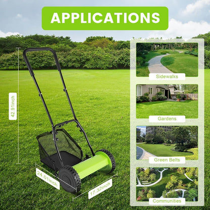 12 Inch Manual Push Reel Lawn Mower with Adjustable Mowing Height, 5 Blades and Collection Bag