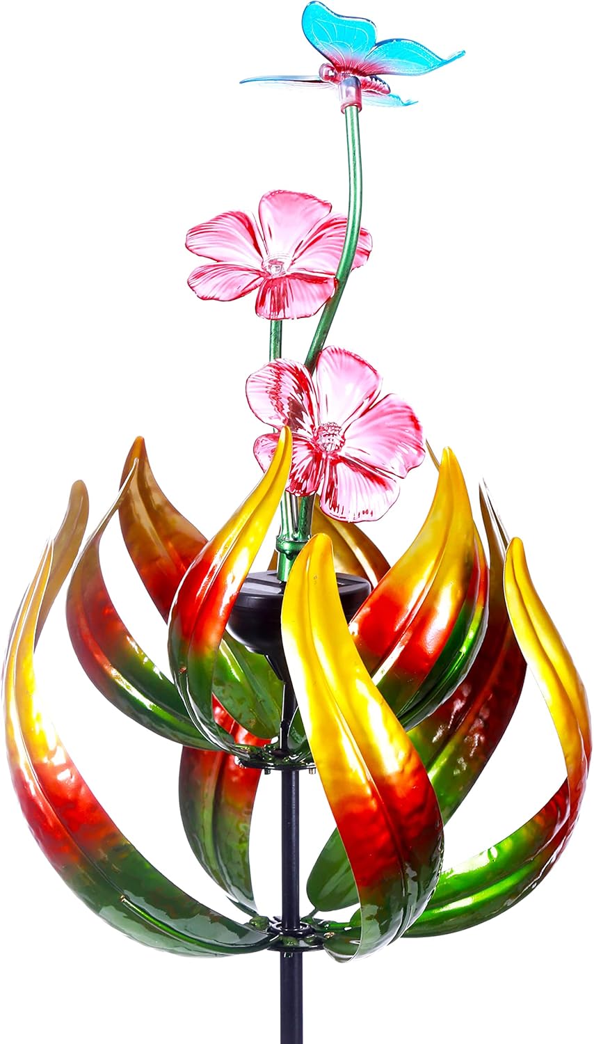 Solar Butterfly Tulips 69 Inch Wind Catcher for Yard Kinetic Wind Spinner with Garden Stake, 360