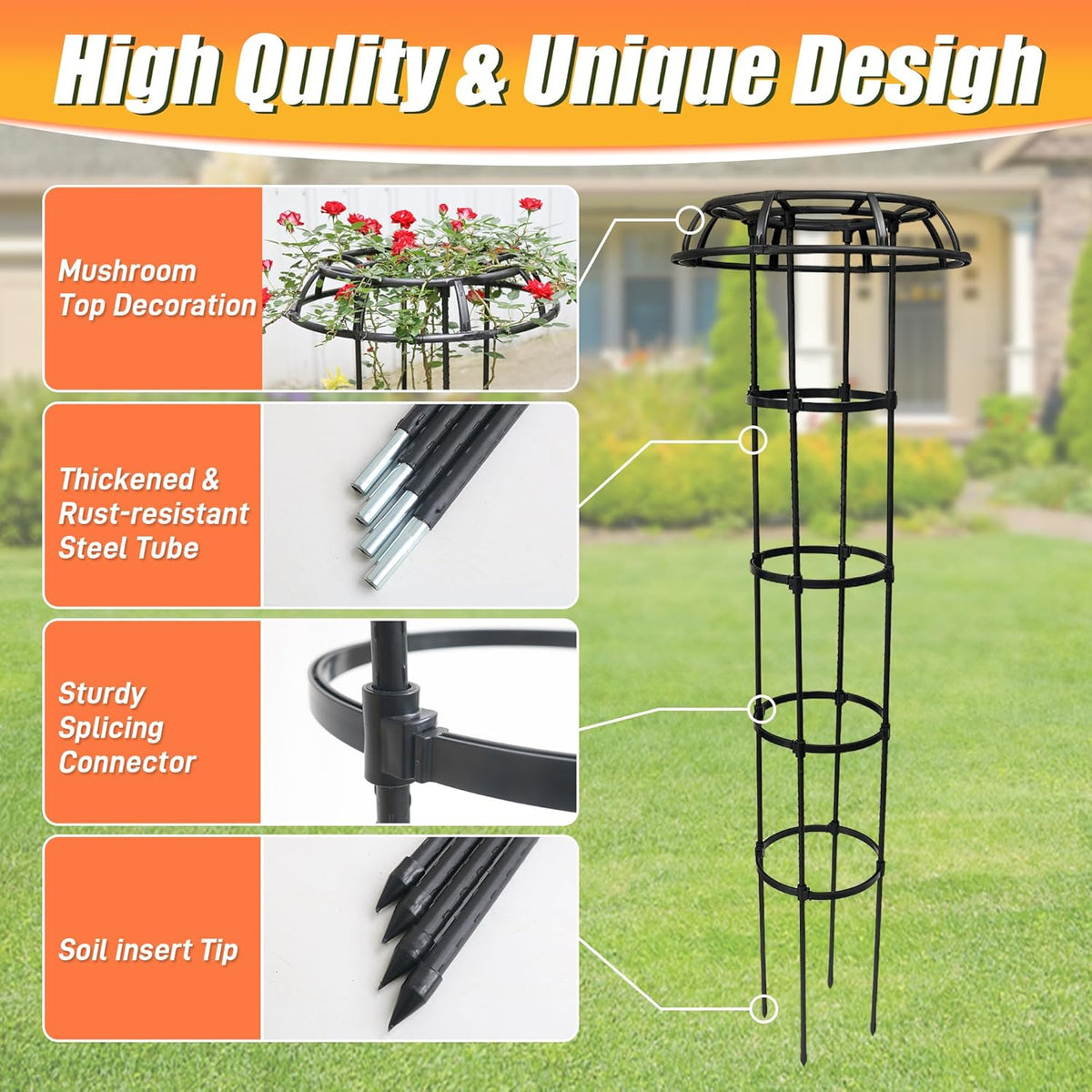 65 Inch Garden Trellis for Climbing Plants Outdoor, Mushroom Top Trellis for Potted Plants, Vines