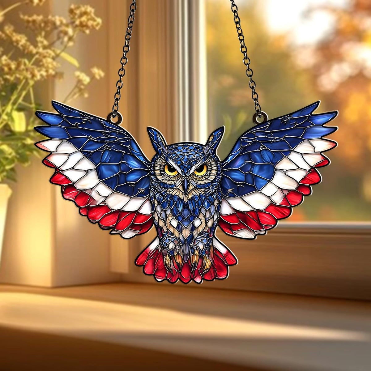 American Flag Owl Suncatcher – Acrylic Suncatcher Window Hanging – Patriotic Owl Decor for Home
