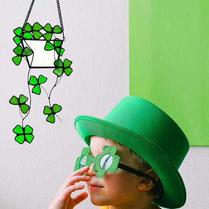 Stained Glass Four Leaf Clover Decor Suncatcher for Window, Artificial Green Plants Stained Glass