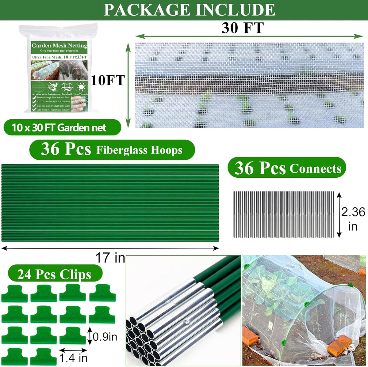Garden Mesh Netting Kit,10 x 30FT Ultra Fine Netting with 6 Sets Fiberglass Garden Hoops for Raised