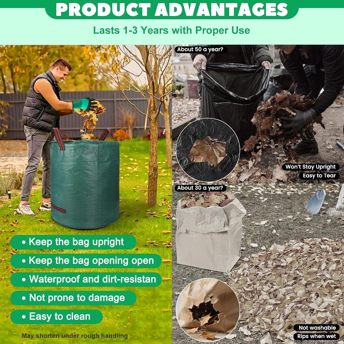 Reusable Yard Waste & Lawn and Leaf Bags with Gloves Pack - 72 & 32 Gallon Heavy Duty Lawn Trash