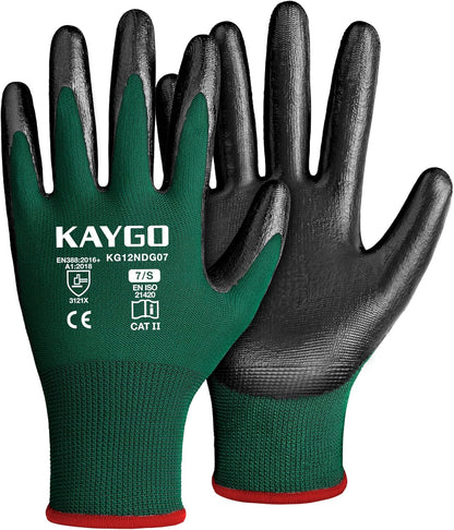 KAYGO Work Gloves Nitrile Coated, 12 Pairs KG12N，Seamless Knit, Protective Safety Work Gloves with