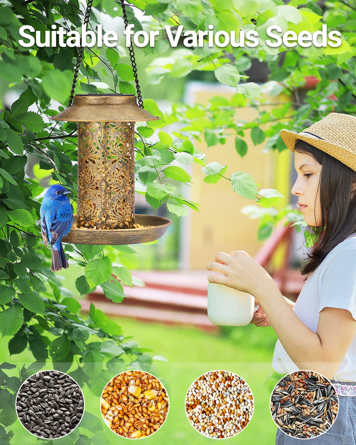 SWEETFULL Solar Bird Feeder for Outdoors Hanging, Metal Wild Bird Feeder for Cardinals Solar Garden