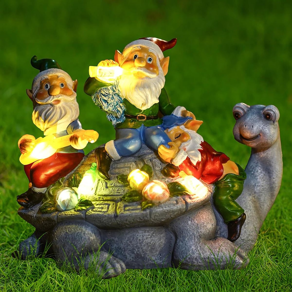 Solar Garden Outdoor Statues Three Gnomes Having Party on Turtle with 7 LED Solar Figurine for