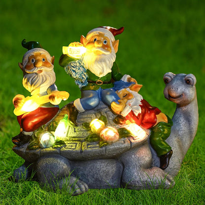 Solar Garden Outdoor Statues Three Gnomes Having Party on Turtle with 7 LED Solar Figurine for