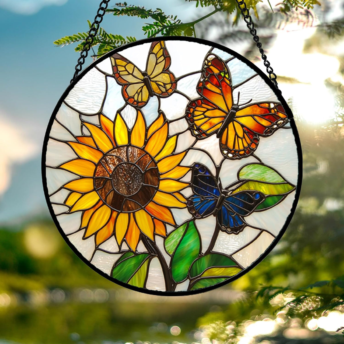 Stained Glass Window Hanging, Butterfly and Sunflowers Sun Catchers Glass Panel Plant Insects