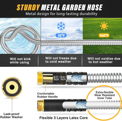 Lefree Garden Hose 50ft, Stainless Steel Garden Hose Metal, Flexible Water Hose with 10-Function