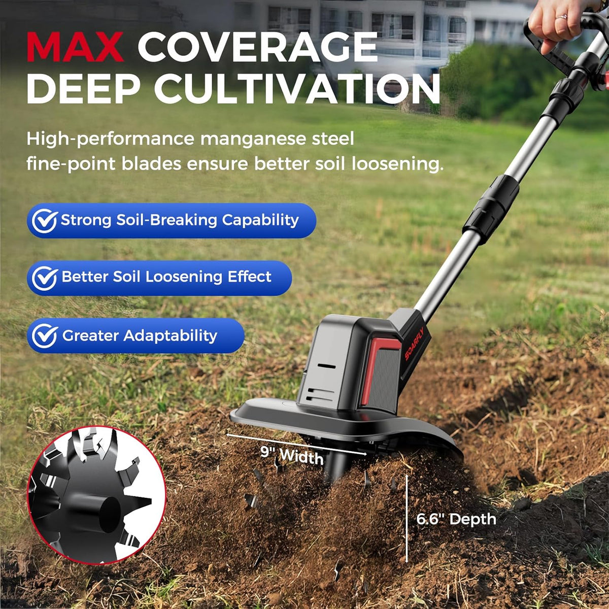 Cordless Electric Tiller for Gardening, Total 8.0Ah Battery Powered Mini Cultivator with 2×4.0AH