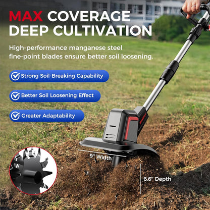 Cordless Electric Tiller for Gardening, Total 8.0Ah Battery Powered Mini Cultivator with 2×4.0AH