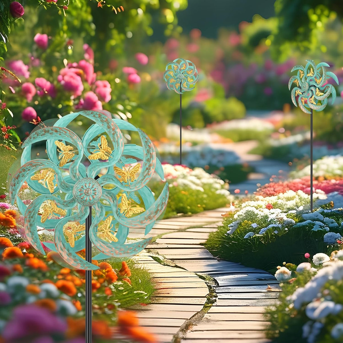 Metal Wind Spinner Outdoor, Golden Butterfly Kinetic Wind Sculpture Spinners with Metal Stake, Yard