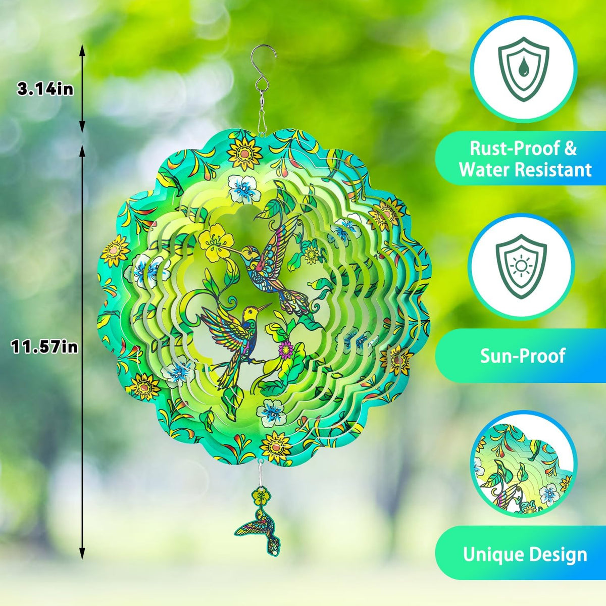Wind Spinners,12 inch Hummingbird with 360° Swivel Hook for Yard and Garden, Bird Wind Catcher