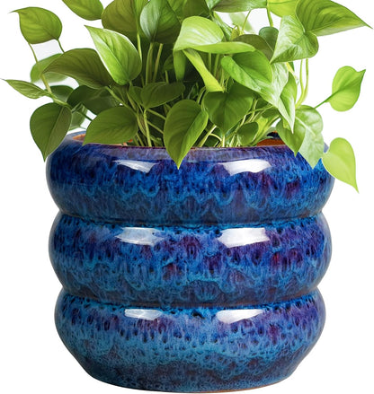 SQOWL Ceramic Planter Pot - 8 Inch Plant Pot Indoor with Drainage Hole Round Outdoor Pot for Plants