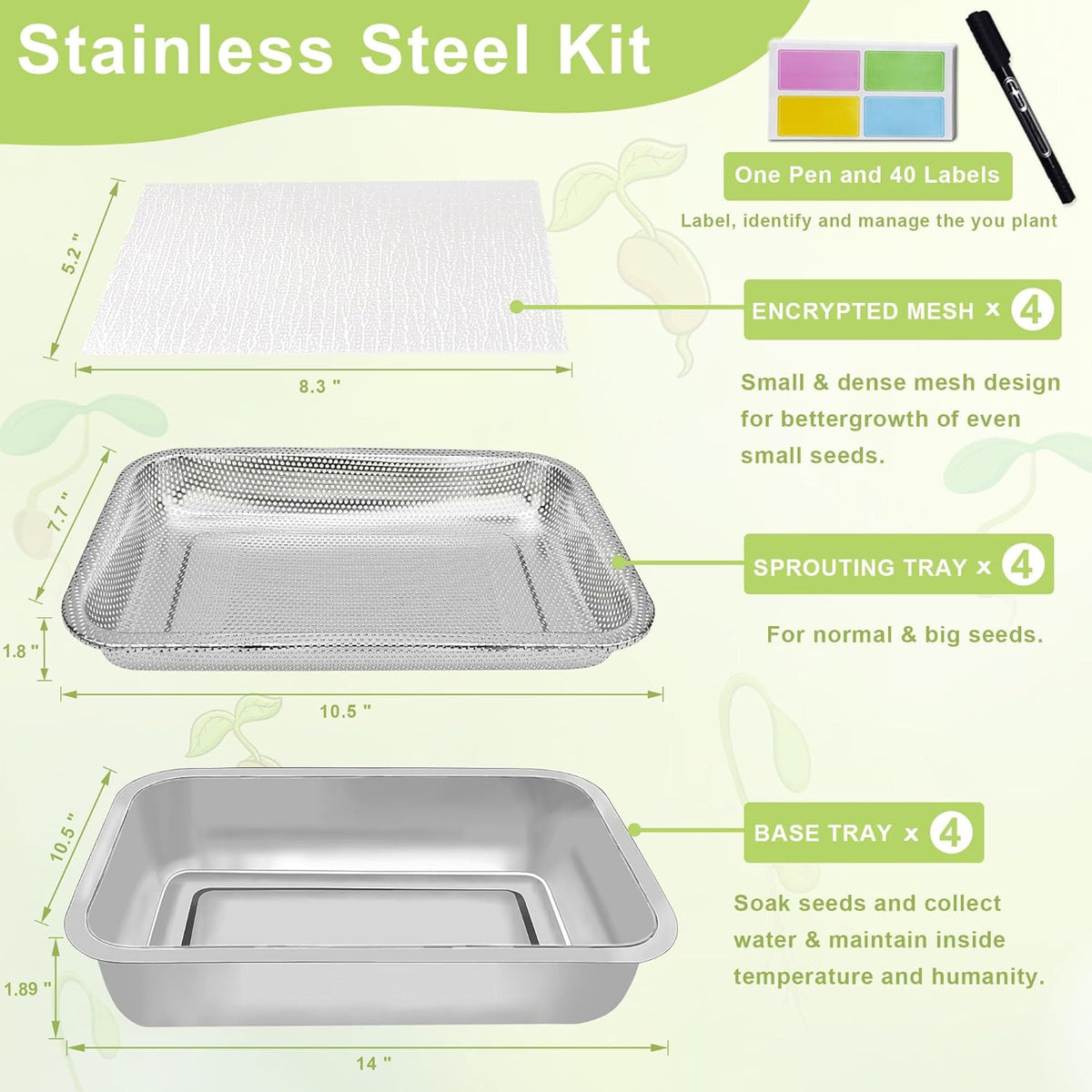 Stainless Steel Sprouts Growing Kit 4-Tier 14 inch Trays, Microgreens Growing Kit, Seed Sprouting