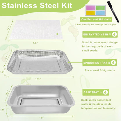 Stainless Steel Sprouts Growing Kit 4-Tier 14 inch Trays, Microgreens Growing Kit, Seed Sprouting