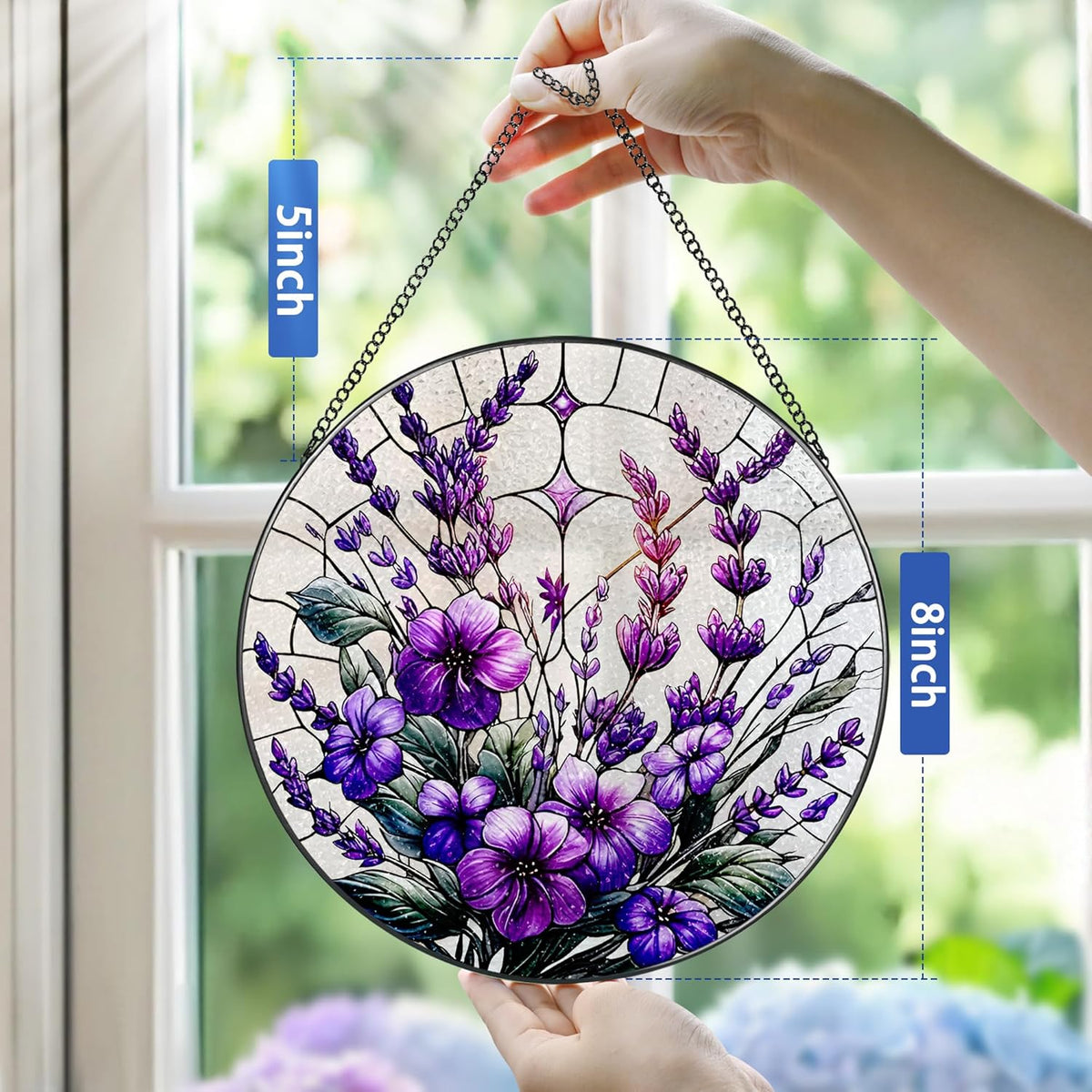 Bauhinia&Violets Flower Stained Glass Suncatcher, Stained Glass Window Hanging, 8 Inch Window
