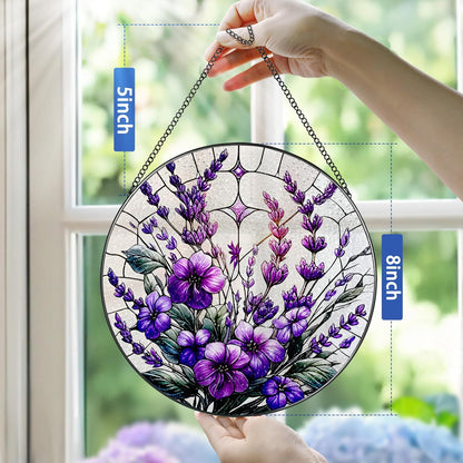 Bauhinia&Violets Flower Stained Glass Suncatcher, Stained Glass Window Hanging, 8 Inch Window