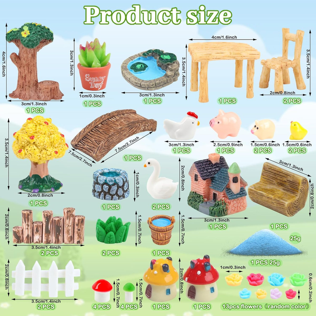 50 Pcs Fairy Garden Miniatures Accessories Bridge House Landscape Water Well Animal Fence Tree Sand