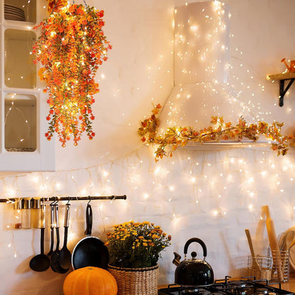 Fall Artificial Flowers - Faux Hanging Plants with Lights for Thanksgiving Indoor/Outdoor Wedding &