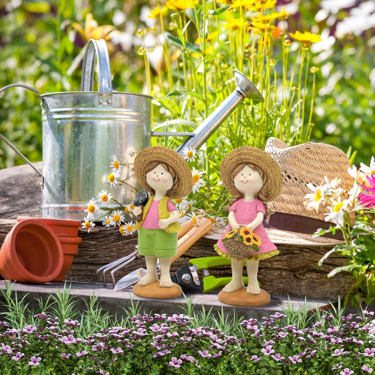 Spring Fairy Garden Figurines, Resin Summer Sunflower Garden Statue Set - H9inch Miniature