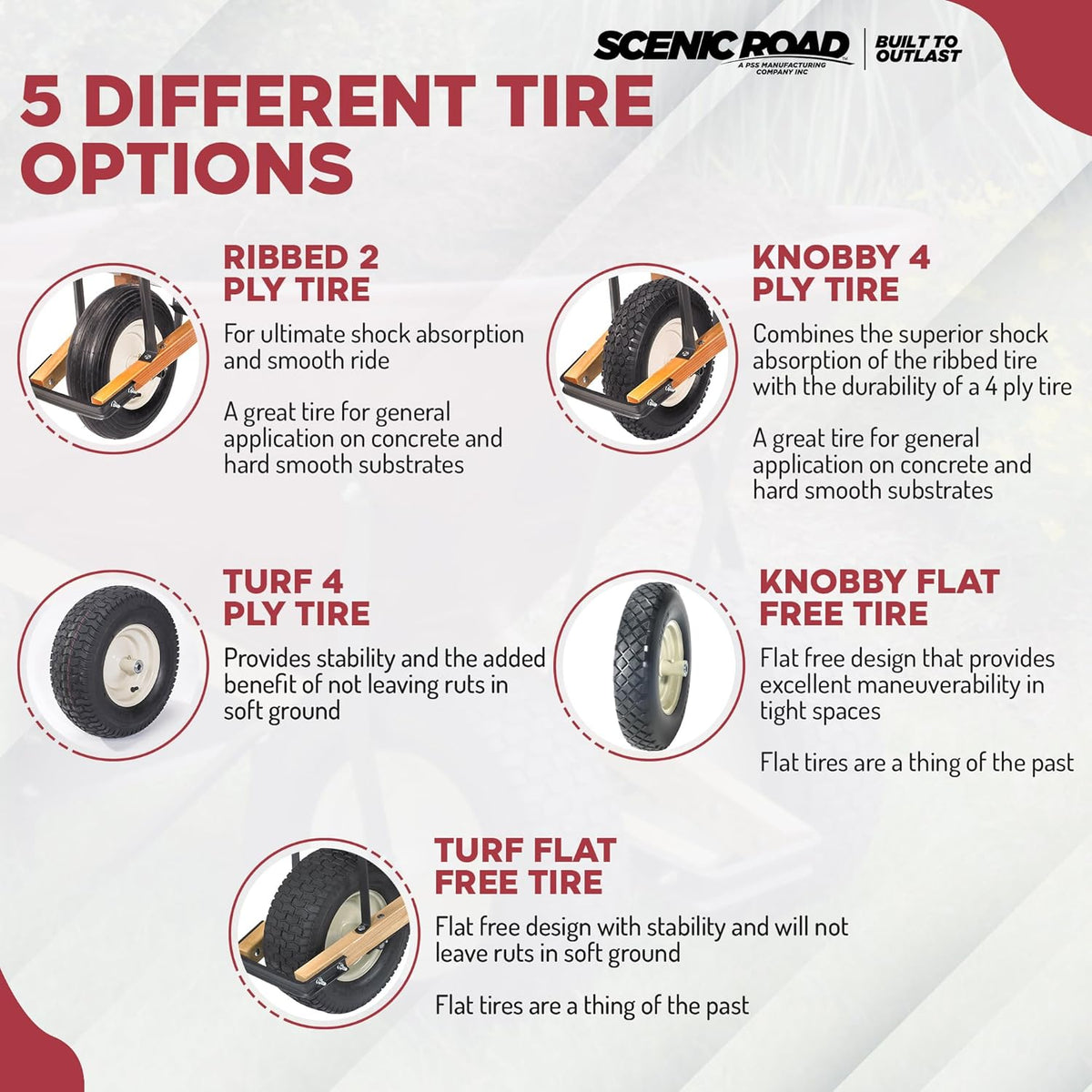 SCENIC ROAD Wheelbarrow Replacement Tire, 16" Wheel with Bearing and Grease Fitting, 4-Ply Knobby
