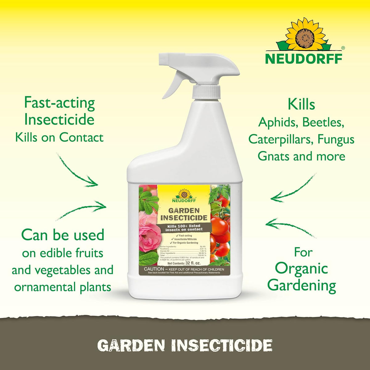 Neudorff Garden Insecticide Spray for Roses and Flowers, Kills Fruit Flies, Fungus Gnats, and 100+