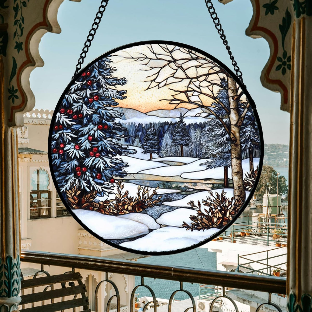 Stained Glass Window Hanging, Winter Snow Landscape Suncatcher Diamond Glass Panel Sun Catchers