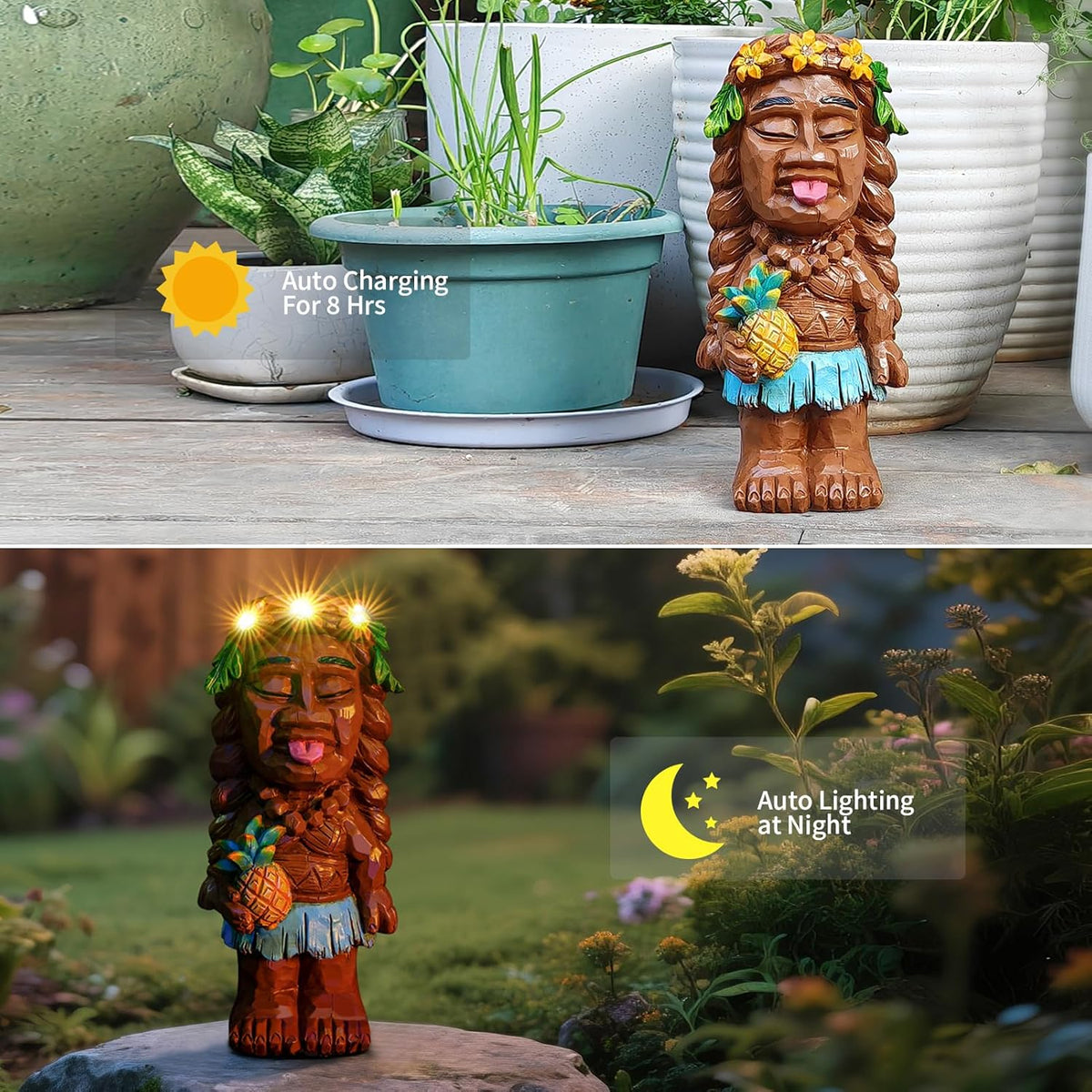 Solar Tiki Girl Garden Statues Tiki Lady Holding Pineapple Figurine with Flower LED Lights Bar
