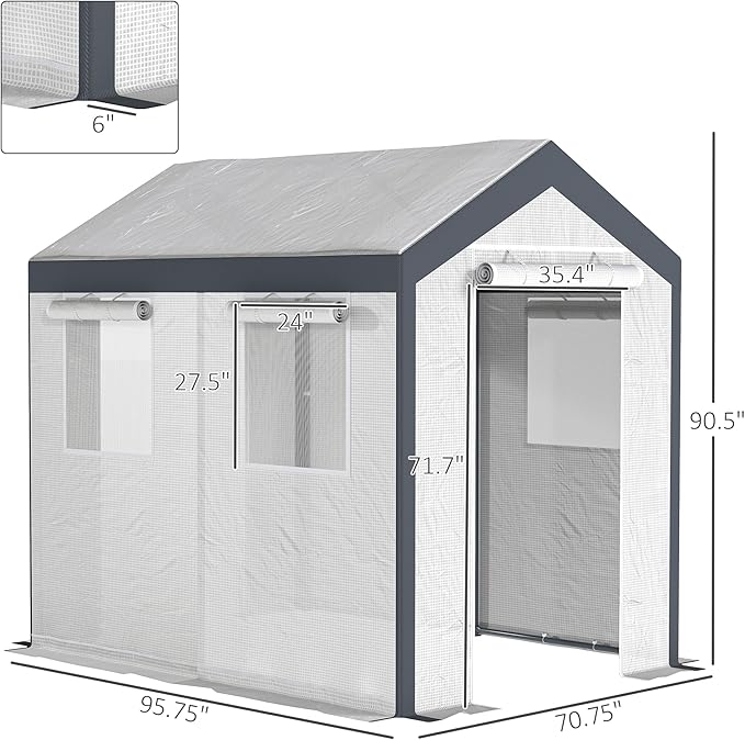 Outsunny 8' x 6' x 7' Walk-in Greenhouse, Outdoor Garden Warm Hot House with 4 Roll-up Windows, 2
