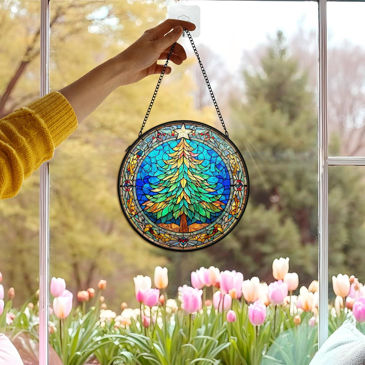Christmas Tree Suncatcher Stained Glass Window Hanging Decor, Winter Xmas Tree Stained Glass Wall