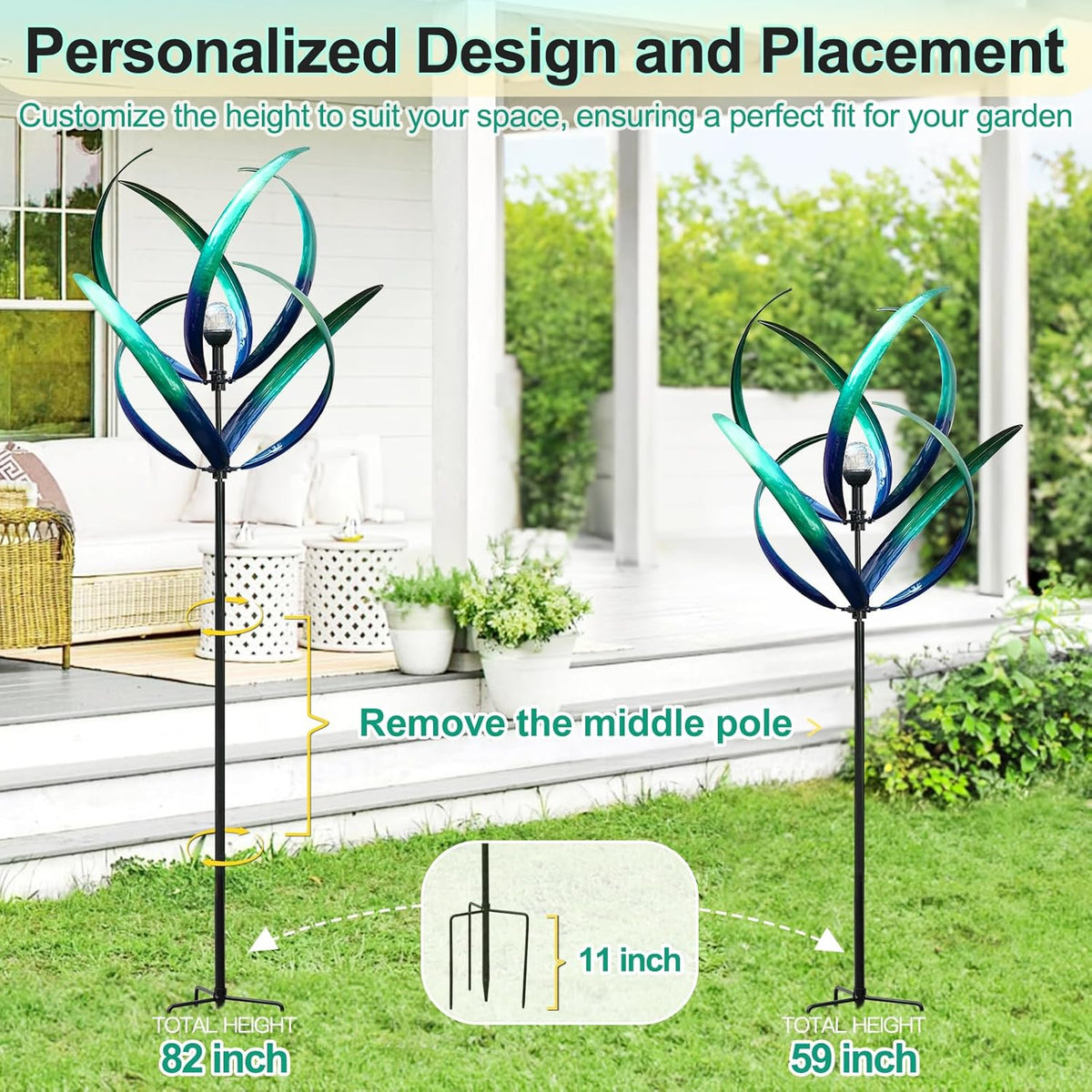 Outdoor Wind Spinners with Solar Light, 82'' Metal Large Spinner Yard Art, Peacock Blue Wind