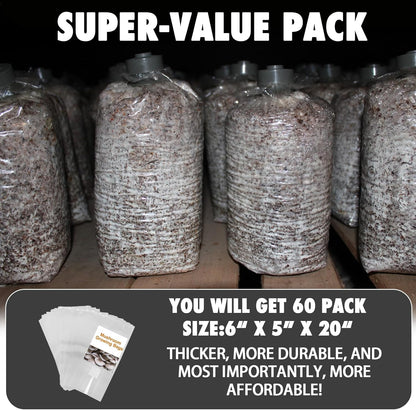 TonGass 60-Pack Autoclavable Mushroom Grow Bags Bulk with Microporous Filter Patchs - Large