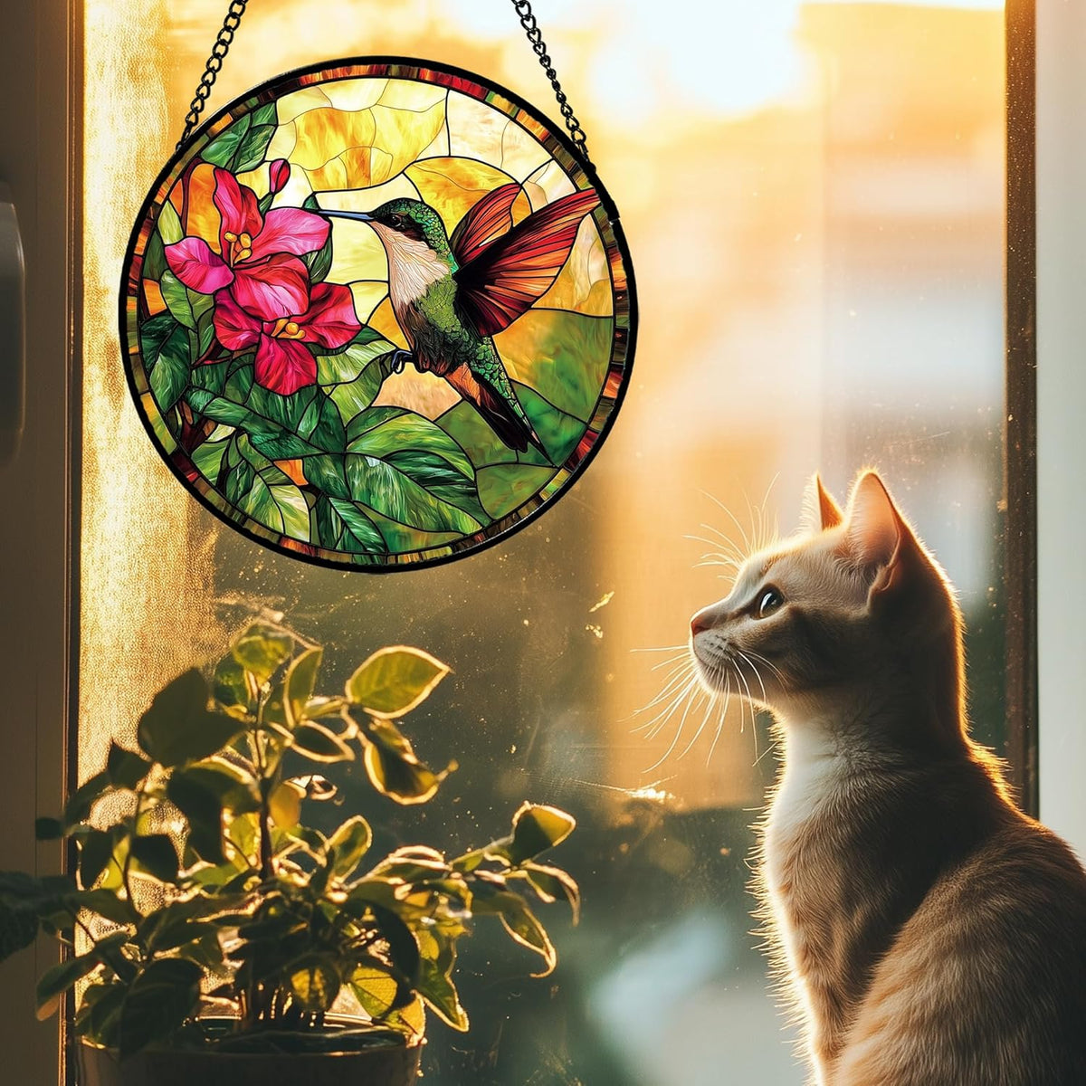 Stained Glass Suncatcher, Hummingbird Red Flowers Green Leaves Sun Catcher Stain Glass Window