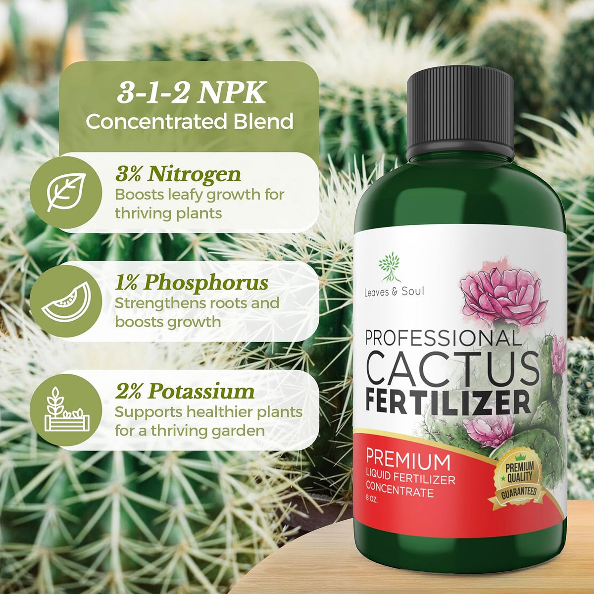 Professional Liquid Cactus Plant Fertilizer | 3-1-2 Concentrate for Flowering Plants |