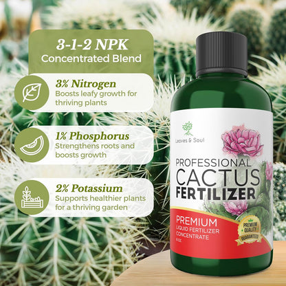 Professional Liquid Cactus Plant Fertilizer | 3-1-2 Concentrate for Flowering Plants |