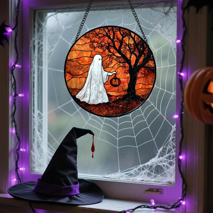 Stained Glass Window Hanging - Halloween Ghost Holding A Pumpkin Lantern Suncatcher for Door Garden