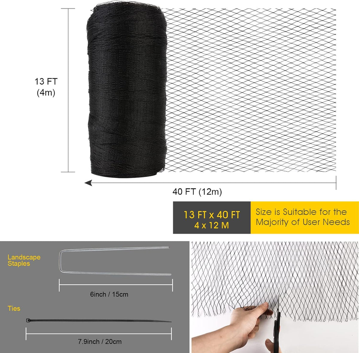 Bird Netting for Garden - 13 x 40 FT Heavy Duty Anti Bird Netting Mesh with Ties and Landscape