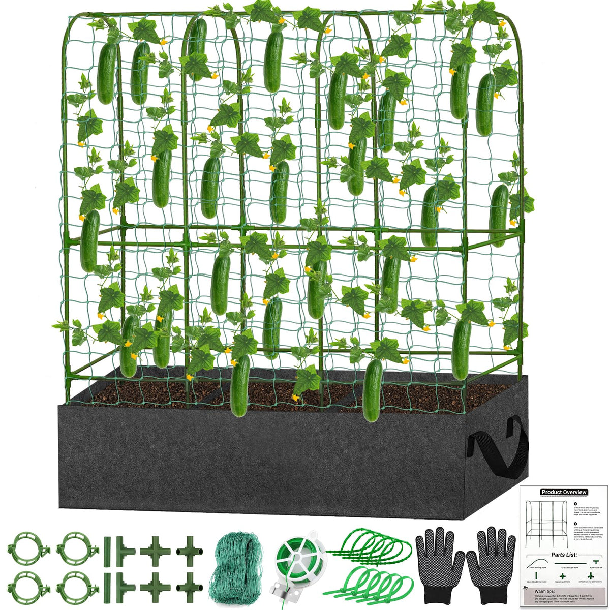 U-Shape Cucumber Trellis with Fabric Raised Garden Bed 65x50 Inch Metal Garden Arch Trellis with